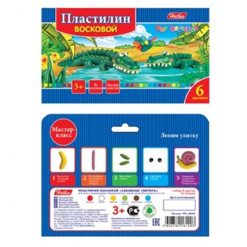 KPv_06260 Пластилин Восковой 6 цв. 90гр Hatber со стеком-Забавные зверята-   в карт.короб. с европо