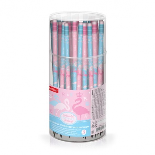 BHn_72251 Карандаш чернографитн. Hatber круглый корпус 72шт. -Flamingo- Ассорти `HB` с ластиком с заточ. в пласт.тубе 